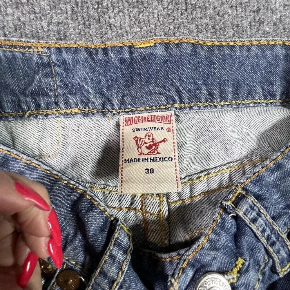 True Religion Bermuda Short Men's 30 Blue Cotton Denim Frayed-Hem Faded Workwear